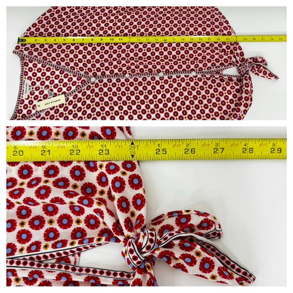 Max Studio Ivory Red Blue Geometric Print V-Neck Button Front Half Sleeve Blouse - Picture 12 of 13